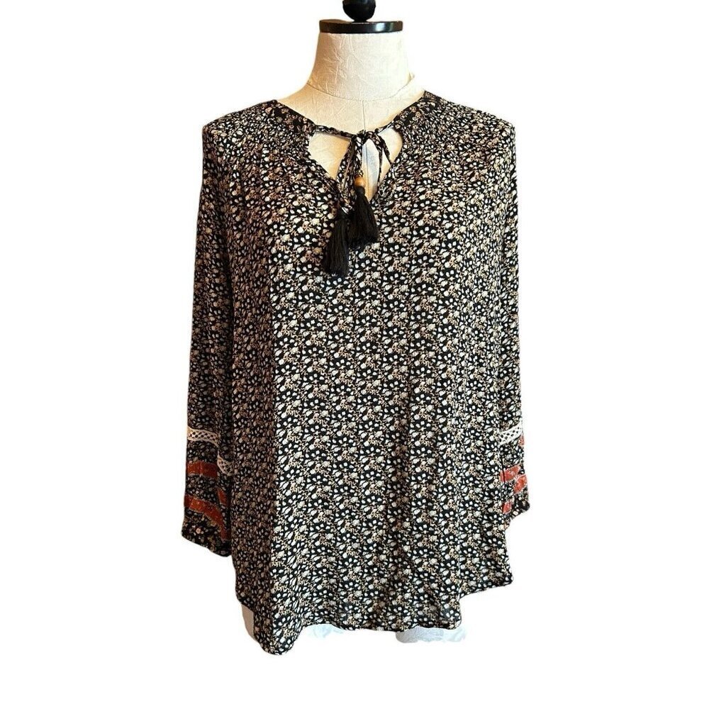 Mason‎ & Belle Women's M Black Floral Boho Print Tassel Tie Blouse Long Sleeves